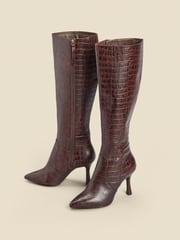 Sosandar Brown Croc Effect Leather Knee High Boots - Image 3 of 5