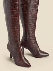 Sosandar Brown Croc Effect Leather Knee High Boots - Image 4 of 5