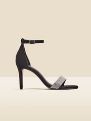 Sosandar Black Suede Diamante Strap Barely There High Heel Sandals - Image 4 of 5