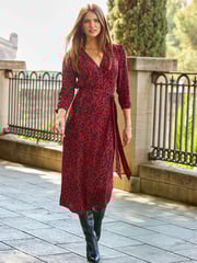 Sosandar Red Leopard Print Ruched Sleeve Midi Wrap Dress - Image 1 of 6