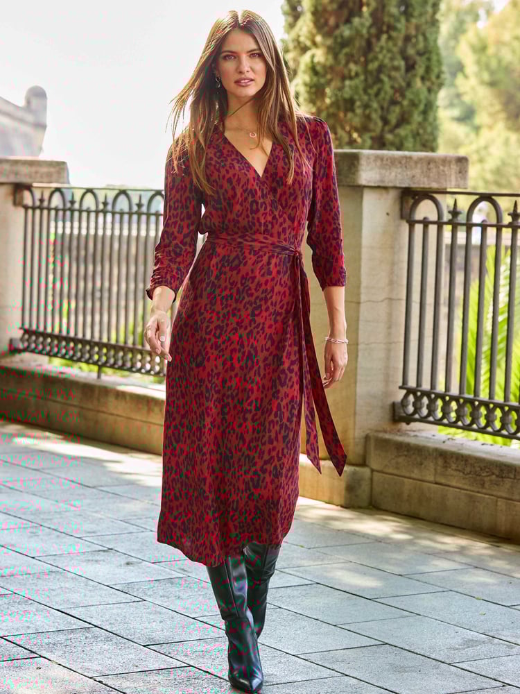 Sosandar Red Leopard Print Ruched Sleeve Midi Wrap Dress - Image 1 of 6