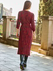 Sosandar Red Leopard Print Ruched Sleeve Midi Wrap Dress - Image 3 of 6