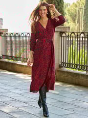 Sosandar Red Leopard Print Ruched Sleeve Midi Wrap Dress - Image 4 of 6