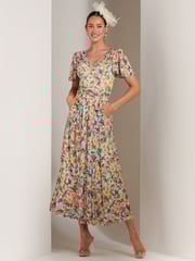 Jolie Moi Yellow Bianca V-Neck Pleated Mesh Maxi Dress - Image 1 of 6