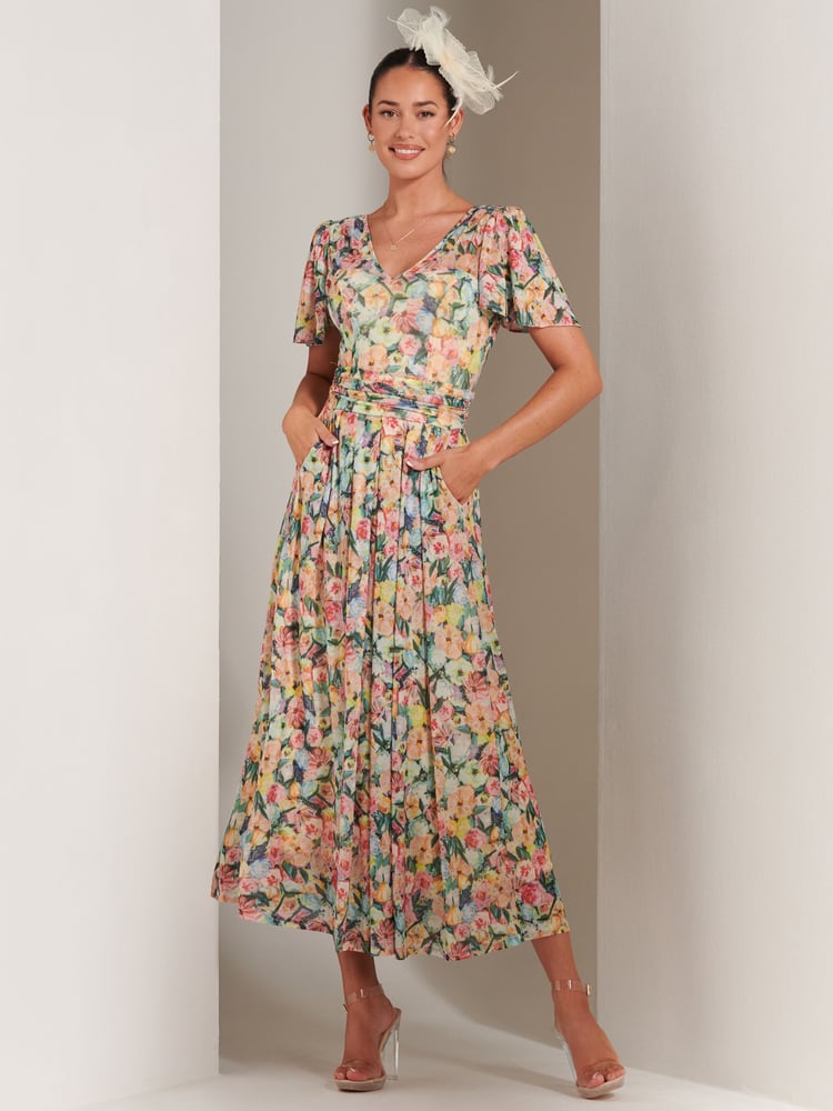 Jolie Moi Yellow Bianca V-Neck Pleated Mesh Maxi Dress - Image 1 of 6 Jolie Moi Yellow Bianca V-Neck Pleated Mesh Maxi Dress - Image 1 of 6