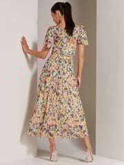 Jolie Moi Yellow Bianca V-Neck Pleated Mesh Maxi Dress - Image 2 of 6
