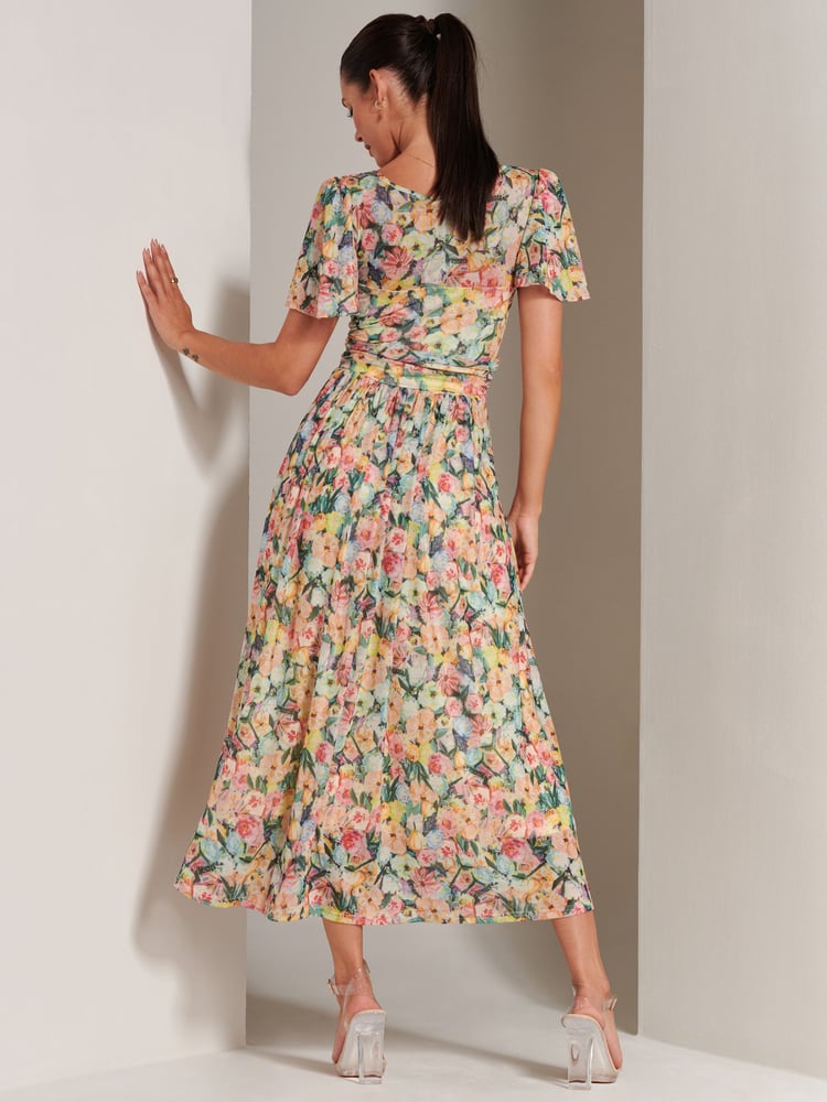 Jolie Moi Yellow Bianca V-Neck Pleated Mesh Maxi Dress - Image 2 of 6 Jolie Moi Yellow Bianca V-Neck Pleated Mesh Maxi Dress - Image 2 of 6