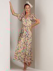 Jolie Moi Yellow Bianca V-Neck Pleated Mesh Maxi Dress - Image 6 of 6
