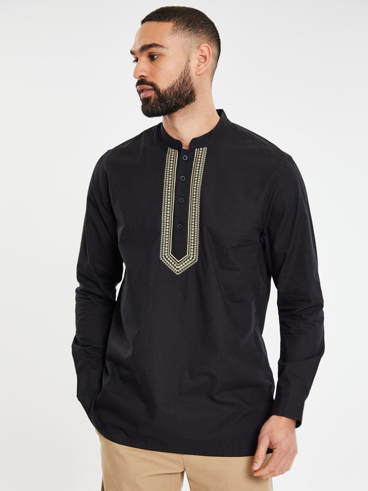 Threadbare Black Long Sleeved 100% Cotton Kurta Tunic Shirt - Image 1 of 4