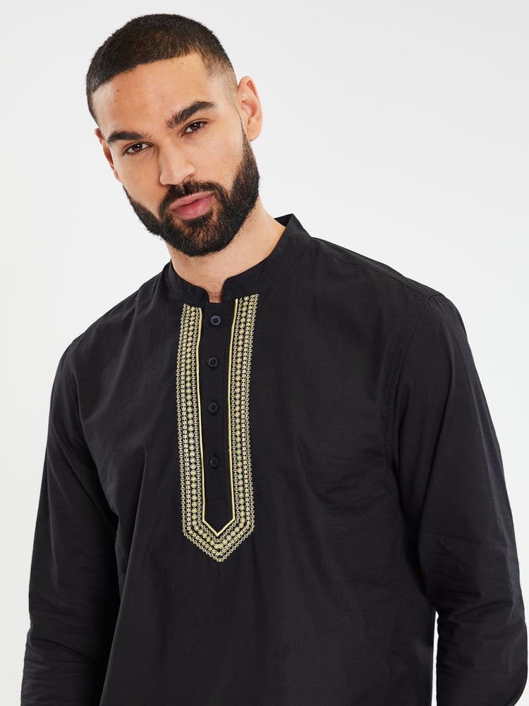 Threadbare Black Long Sleeved 100% Cotton Kurta Tunic Shirt - Image 4 of 4