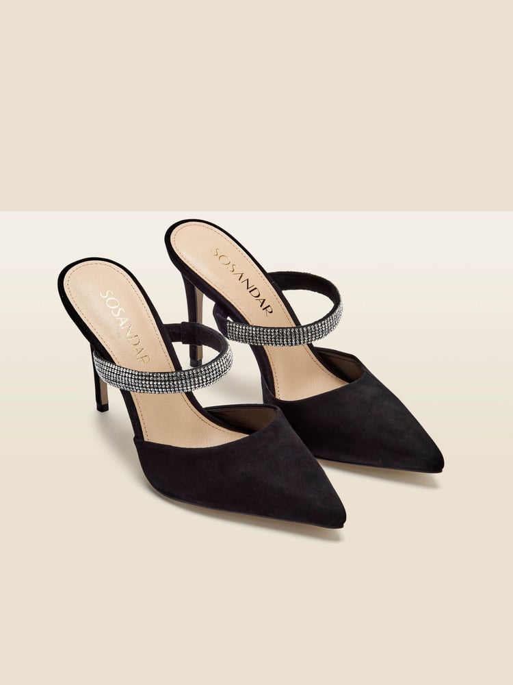 Sosandar Black Black Sofia Suede Diamante Strap Pointed Toe Mules - Image 2 of 5