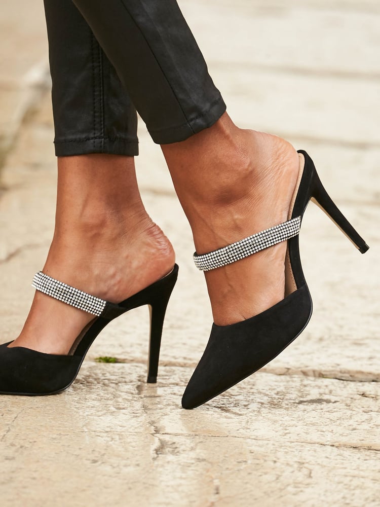 Sosandar Black Black Sofia Suede Diamante Strap Pointed Toe Mules - Image 5 of 5