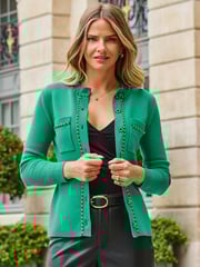 Sosandar Green 100% Cotton Pocket Front Cardigan With Chain Trim Detail - Image 4 of 5