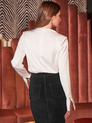 Sosandar Cream Satin Cowl Neck Button Detail Blouse - Image 2 of 5