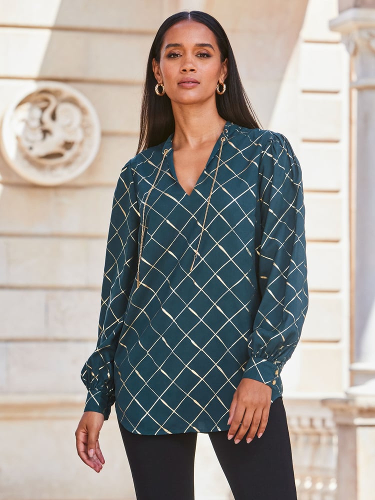 Sosandar Green Chain Lace Up Longline Blouse - Image 1 of 4