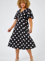 Roman Black & white Curve Spot Print Midi Dress - Image 1 of 4