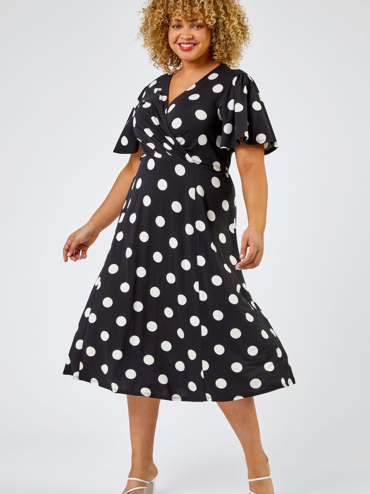Roman Black & white Curve Spot Print Midi Dress - Image 1 of 4