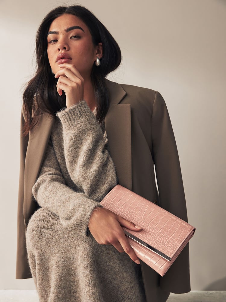 Mink Brown Croc Clutch Bag With Detachable Cross-Body Chain - Image 1 of 10