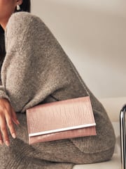 Mink Brown Croc Clutch Bag With Detachable Cross-Body Chain - Image 3 of 10