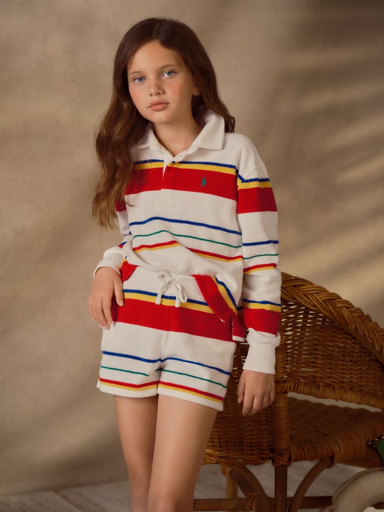 Polo Ralph Lauren Girls Green Striped Terry Rugby Shirt Shorts Set - Image 1 of 7