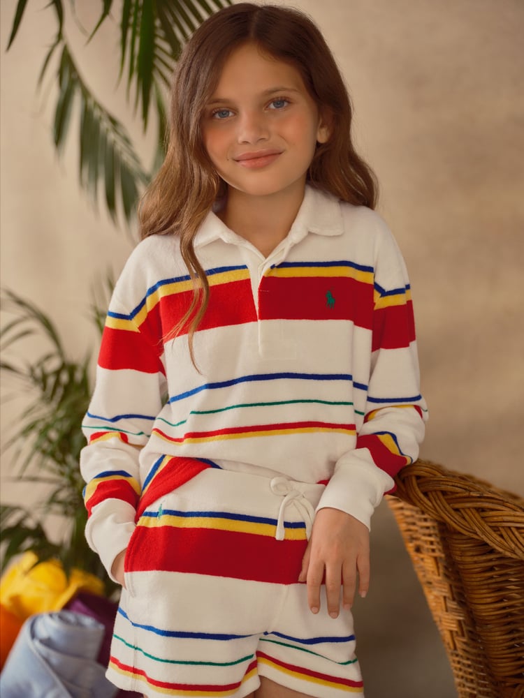 Polo Ralph Lauren Girls Green Striped Terry Rugby Shirt Shorts Set - Image 2 of 7