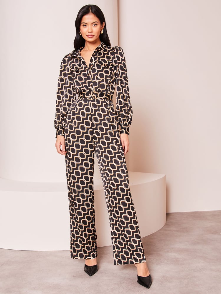 Lipsy Black Geo Print Long Sleeve Shirt Jumpsuit - Image 1 of 4