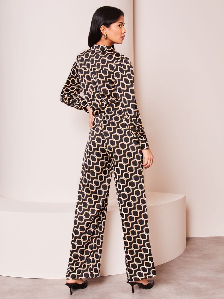 Lipsy Black Geo Print Long Sleeve Shirt Jumpsuit - Image 2 of 4