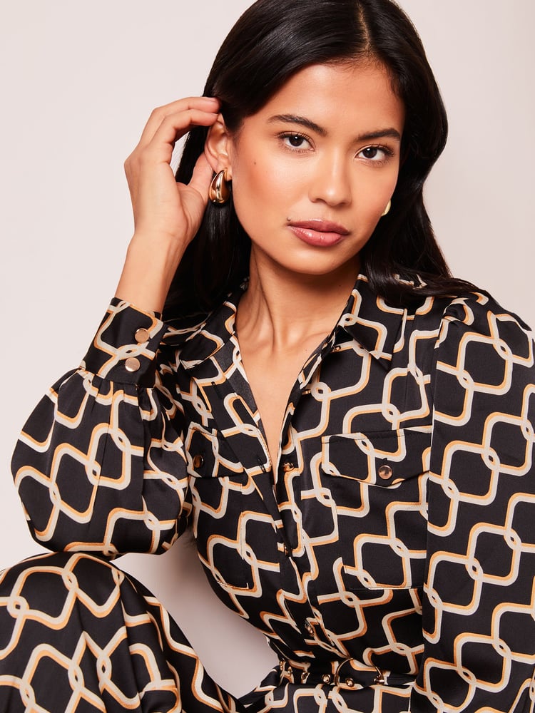Lipsy Black Geo Print Long Sleeve Shirt Jumpsuit - Image 4 of 4