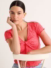 Pink Textured Twist Front Short Sleeve Top - Image 1 of 6