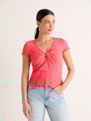 Pink Textured Twist Front Short Sleeve Top - Image 2 of 6