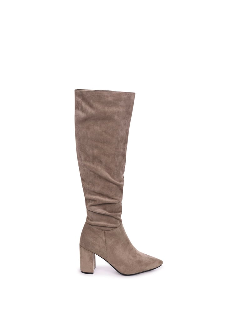 Linzi Brown Bonnie Faux Suede Block Heel Knee High Ruched Boots With Pointed Toe - Image 2 of 4