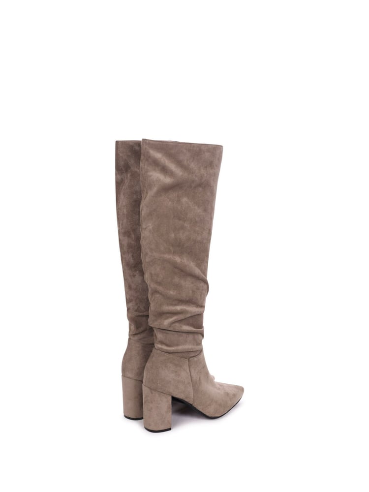Linzi Brown Bonnie Faux Suede Block Heel Knee High Ruched Boots With Pointed Toe - Image 4 of 4