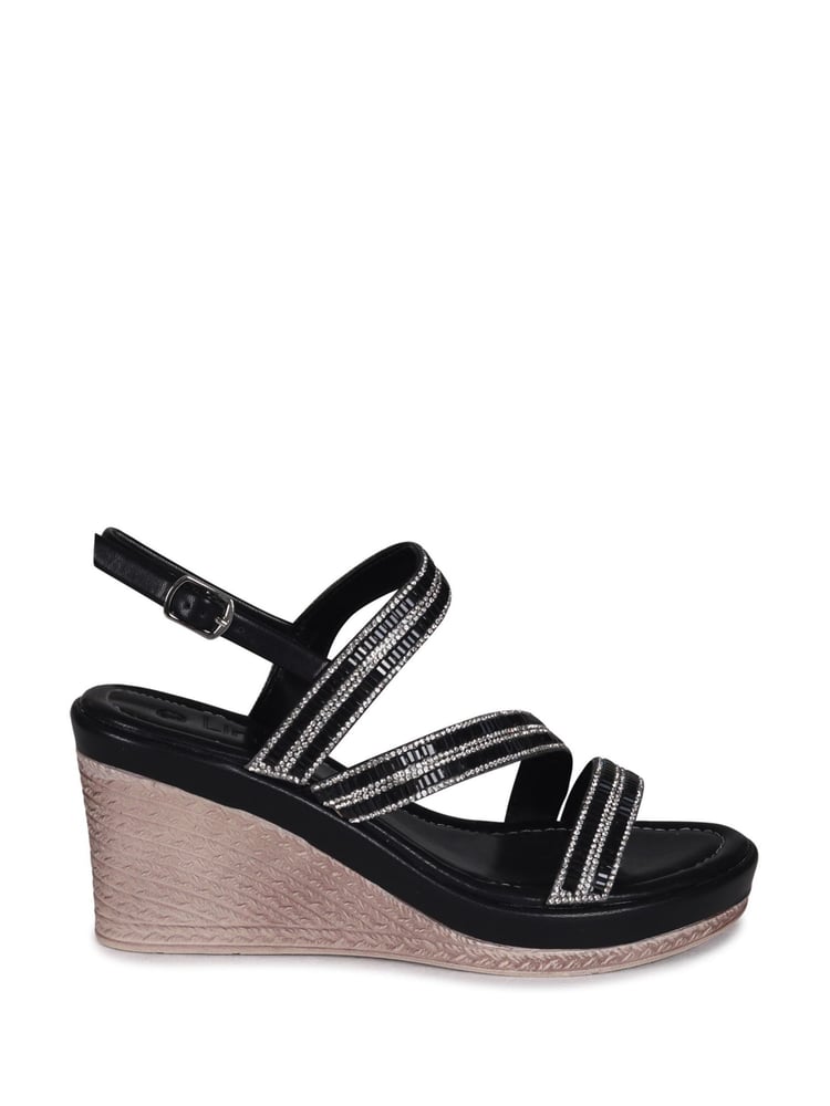 Linzi Black Bianco Wedge Sandals With Embellished Strappy Front Detail - Image 2 of 4 Linzi Black Bianco Wedge Sandals With Embellished Strappy Front Detail - Image 2 of 4