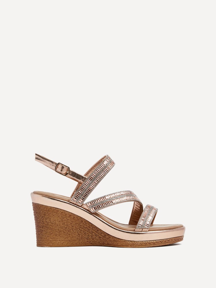 Linzi Gold Bianco Wedge Sandals With Embellished Strappy Front Detail - Image 2 of 5 Linzi Gold Bianco Wedge Sandals With Embellished Strappy Front Detail - Image 2 of 5