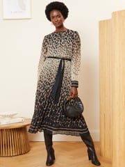 Love & Roses Brown Printed Belted Pleated Long Sleeve Midi Dress - Image 1 of 1