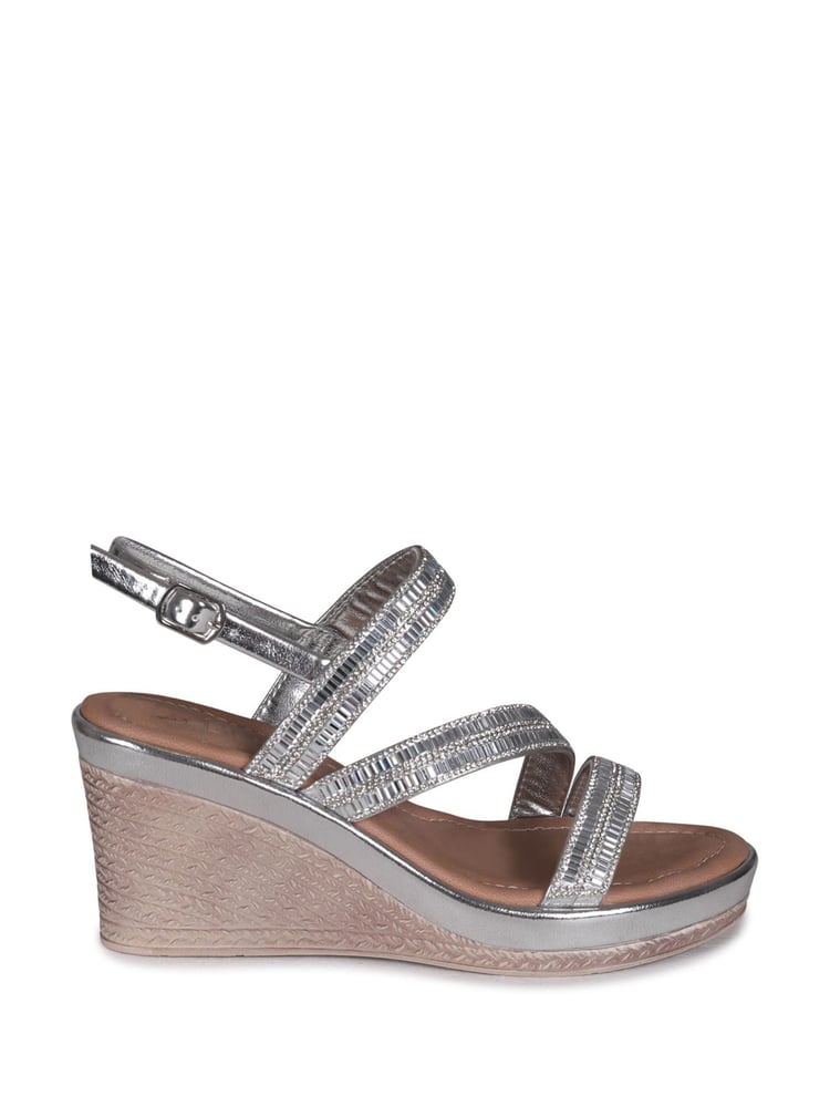 Linzi Silver Bianco Wedge Sandals With Embellished Strappy Front Detail - Image 2 of 4 Linzi Silver Bianco Wedge Sandals With Embellished Strappy Front Detail - Image 2 of 4