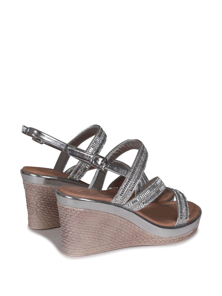 Linzi Silver Bianco Wedge Sandals With Embellished Strappy Front Detail - Image 4 of 4 Linzi Silver Bianco Wedge Sandals With Embellished Strappy Front Detail - Image 4 of 4