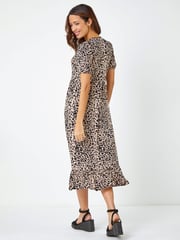 Roman Brown Animal Print Lace Trim Midi Dress - Image 2 of 5