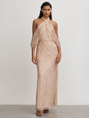 Raishma Nude Embellished Cross Front Maxi Dress - Image 1 of 5