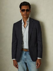Reiss Navy Grace Single-Breasted Wool Blend Blazer in Prince of Wales Check - Image 1 of 6