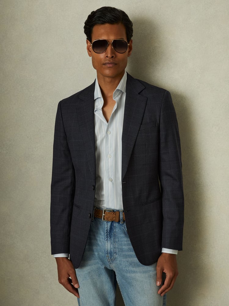 Reiss Navy Grace Single-Breasted Wool Blend Blazer in Prince of Wales Check - Image 1 of 6