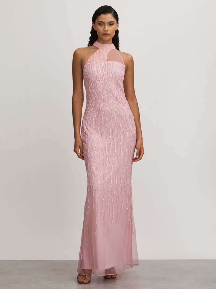 Raishma Pink Embellished Halter Neck Maxi Dress - Image 1 of 5