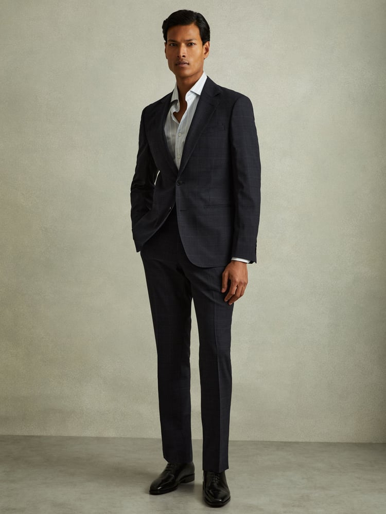 Reiss Navy Grace Wool Blend Suit Trousers in Prince of Wales Check - Image 1 of 5