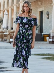 Sosandar Black Floral Print Tiered Hem Bardot Midi Dress - Image 1 of 4