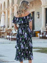 Sosandar Black Floral Print Tiered Hem Bardot Midi Dress - Image 3 of 4