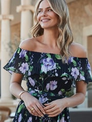 Sosandar Black Floral Print Tiered Hem Bardot Midi Dress - Image 4 of 4