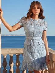 Sosandar Blue Lace Ruffle Hem Dress With Embellished Buttons - Image 1 of 5