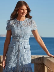 Sosandar Blue Lace Ruffle Hem Dress With Embellished Buttons - Image 3 of 5