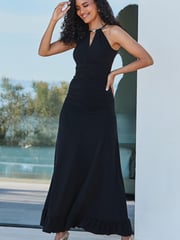 Sosandar Black Ruched Front Halter Neck Jersey Maxi Dress - Image 3 of 5