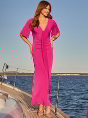 Sosandar Purple Ruched Detail Angel Sleeve Maxi Dress - Image 1 of 5